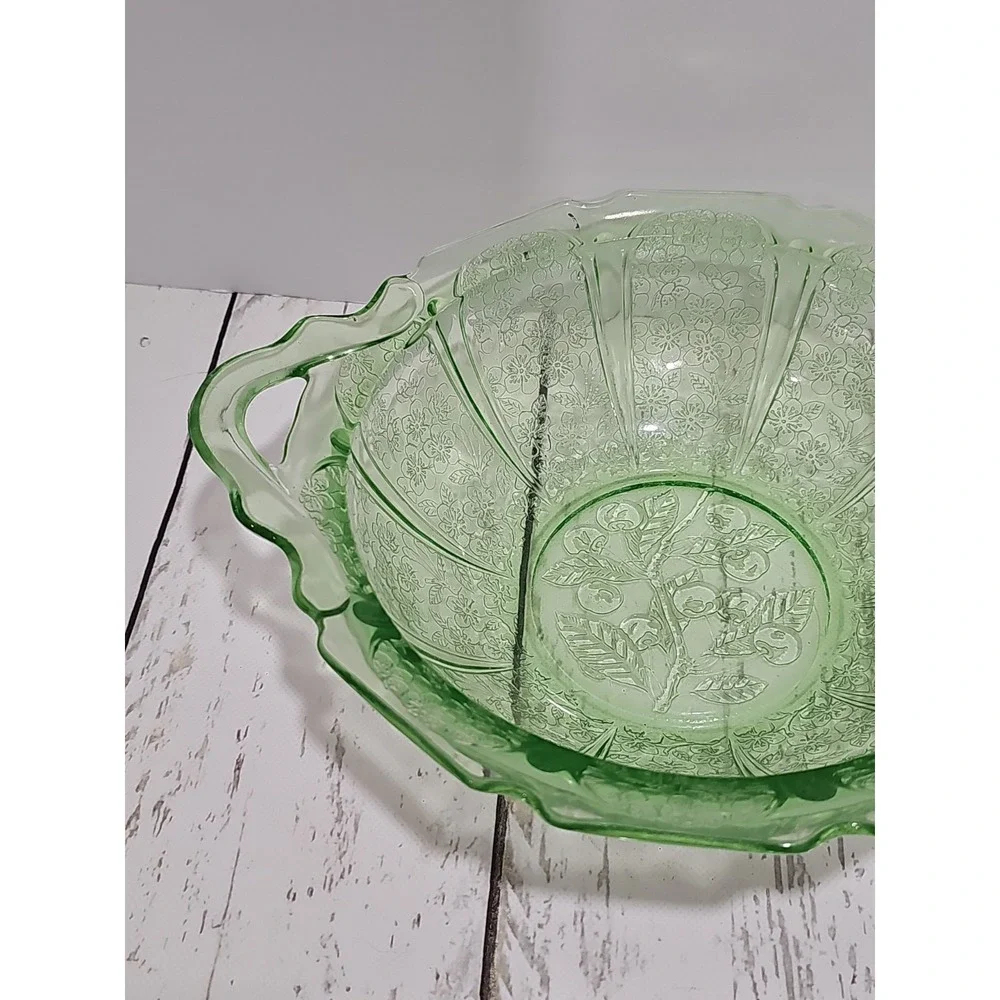 VTG Jeanette Cherry Blossom Green Depression Glass Serving Bowl with handles
